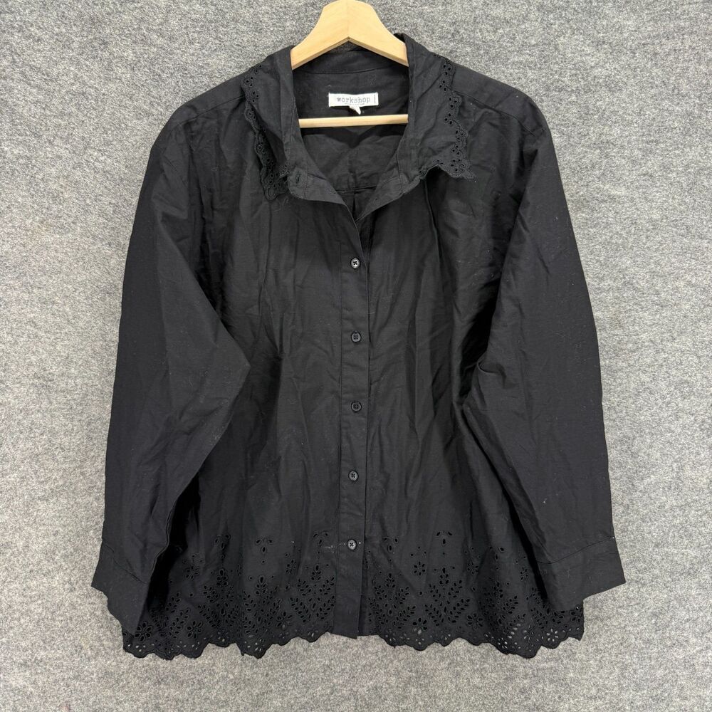 Workshop Shirt Women 1X Plus Black Button Up Collared Long Sleeve Cotton Casual